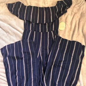 Altar'd State Navy Striped Off-Shoulder Jumpsuit